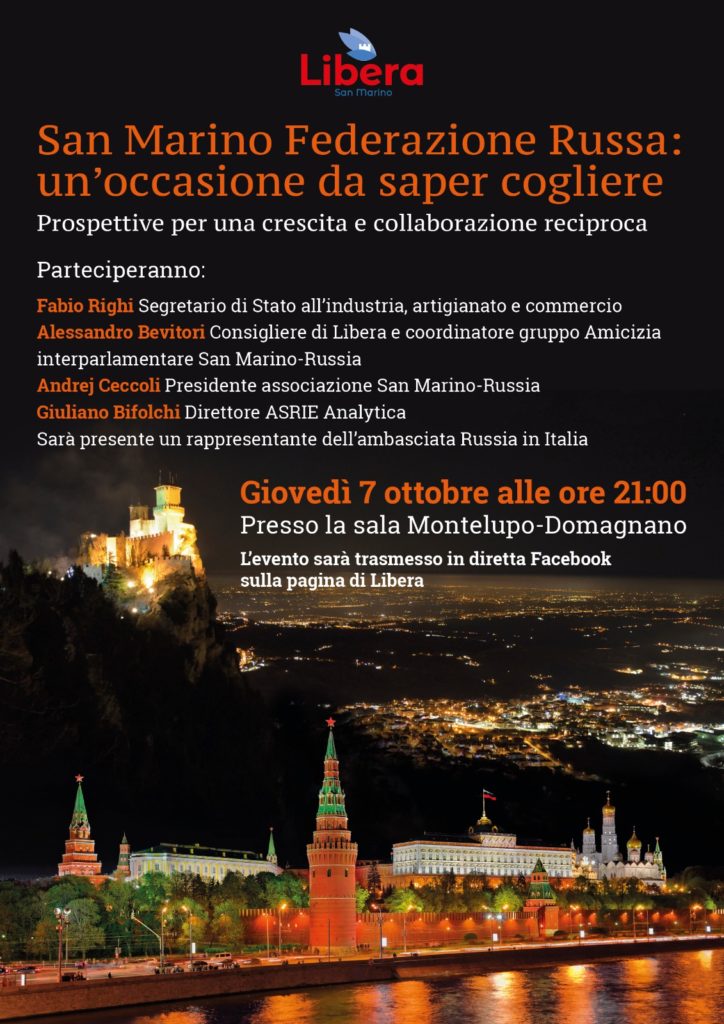 #SaveTheDate – 7 ottobre -“San Marino Russia: un’occasione da saper cogliere. Prospettive per una crescita e collaborazione reciproca”