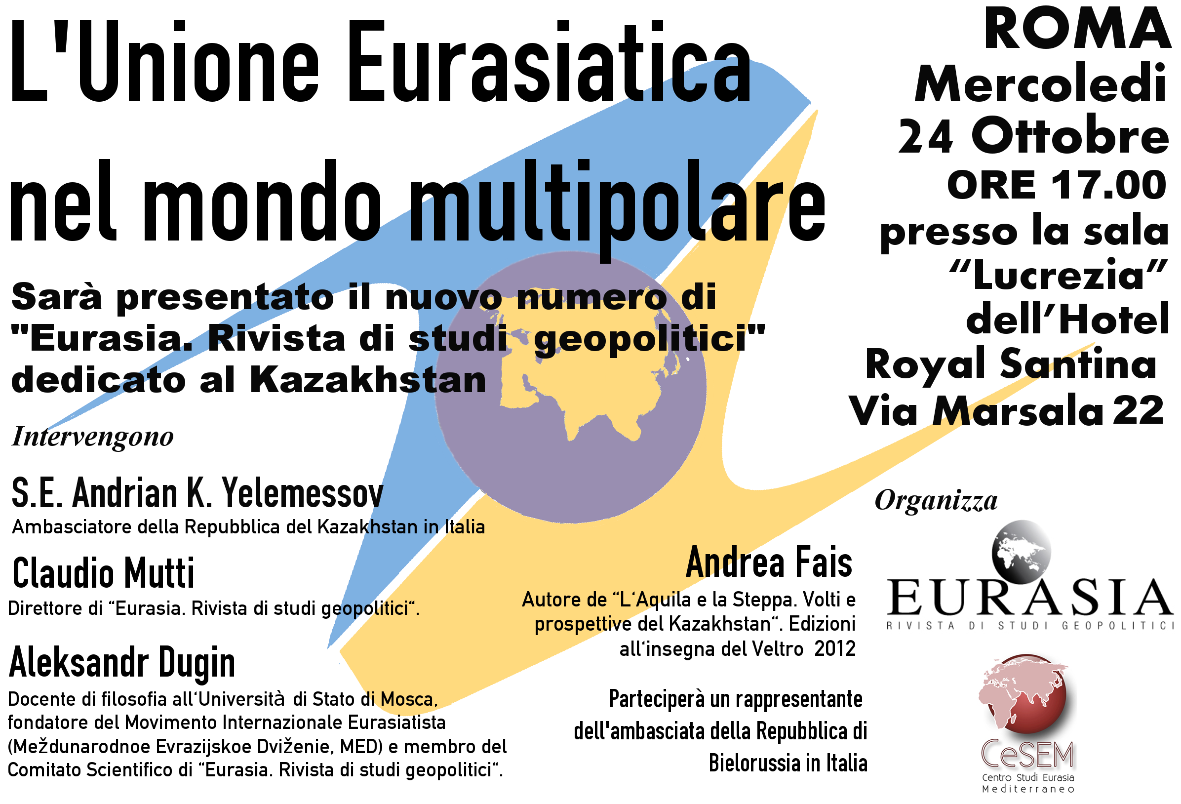 EVENTI CESEM, il 24 ottobre a Roma: "L'Unione Eurasiatica nel mondo multipolare"