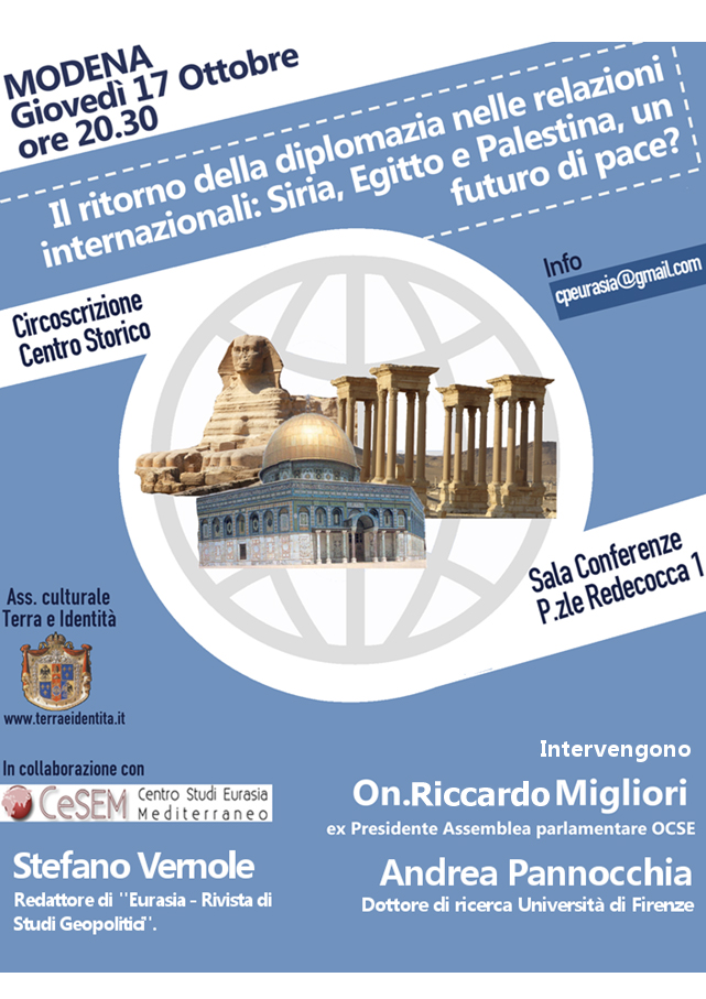 Il ritorno della diplomazia nelle relazioni internazionali, Modena, eurasia, geopolitica, Siria, Egitto Palestina